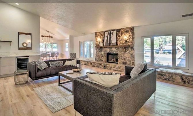 Dining room, Fireplace, Interior, Living room, Pendant Lights, Recessed Lighting, Stone Walls, Wood Texture Flooring