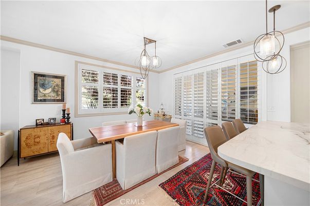 Dining room, Interior, Pendant Lights, Wood Texture Flooring