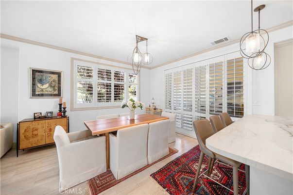 Dining room, Interior, Pendant Lights, Wood Texture Flooring
