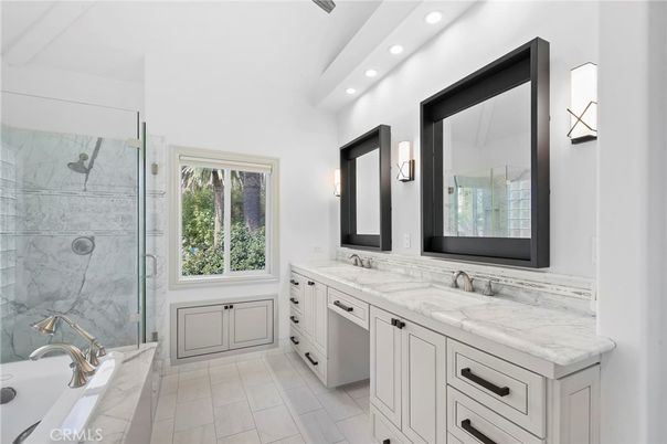 Bathroom, Dual Sink Vanities, Glass Shower, Interior, Marble Walls, Recessed Lighting