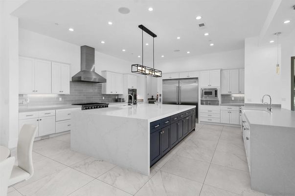 Interior, Kitchen, Marble, Pendant Lights, Recessed Lighting, Stainless Steel Appliances