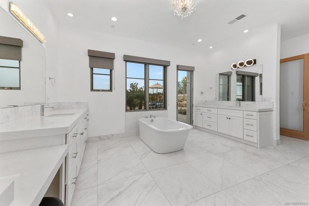 Bathroom, Dual Sink Vanities, Free Standing Baths, Interior, Marble, Recessed Lighting