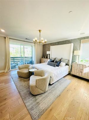 Bedroom, Chandelier, Interior, Recessed Lighting, Wood Texture Flooring