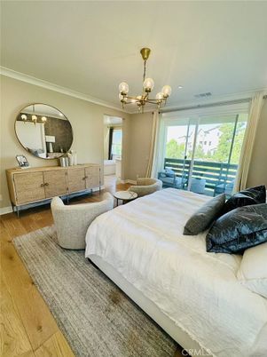 Bedroom, Chandelier, Interior, Wood Texture Flooring