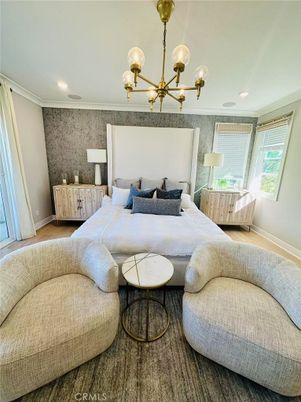 Bedroom, Chandelier, Interior, Recessed Lighting, Wood Texture Flooring