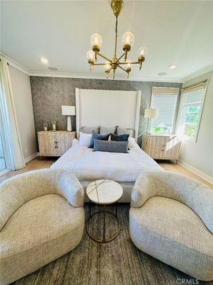 Bedroom, Chandelier, Interior, Recessed Lighting, Wood Texture Flooring
