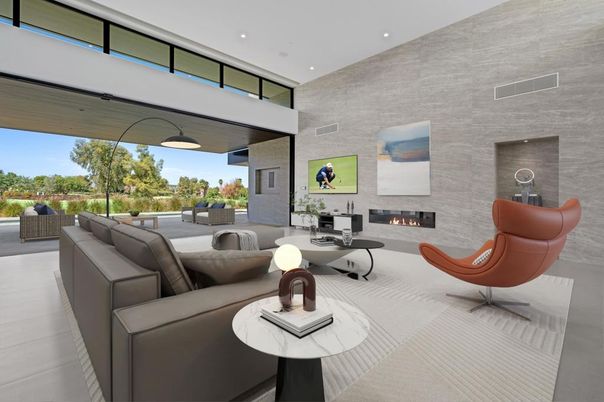 Fireplace, Interior, Living room, Recessed Lighting, Stone Walls