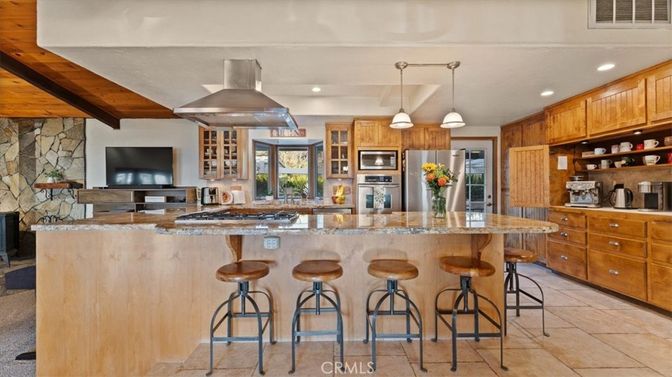 Interior, Kitchen, Pendant Lights, Recessed Lighting, Stainless Steel Appliances, Stone Walls