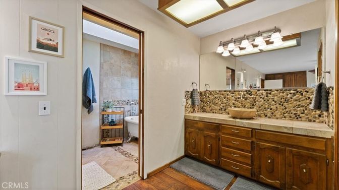 Bathroom, Dual Sink Vanities, Interior, Tile Countertops, Wood Texture Flooring