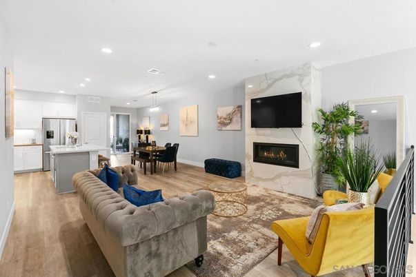Dining room, Fireplace, Interior, Kitchen, Living room, Pendant Lights, Recessed Lighting, Wood Texture Flooring