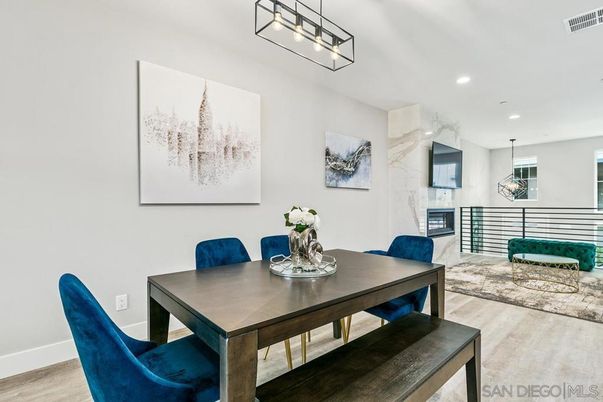Dining room, Interior, Pendant Lights, Recessed Lighting, Wood Texture Flooring
