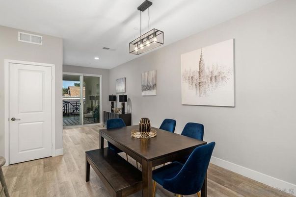 Dining room, Interior, Pendant Lights, Recessed Lighting, Wood Texture Flooring
