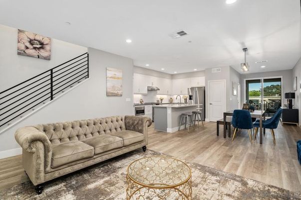 Dining room, Interior, Kitchen, Pendant Lights, Recessed Lighting, Stainless Steel Appliances, Wood Texture Flooring