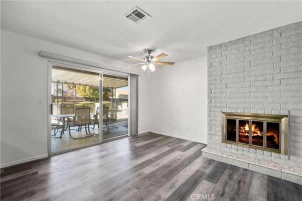 Dining room, Empty room, Fireplace, Interior, Stone Walls, Wood Texture Flooring