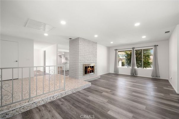 Empty room, Fireplace, Interior, Recessed Lighting, Wood Texture Flooring