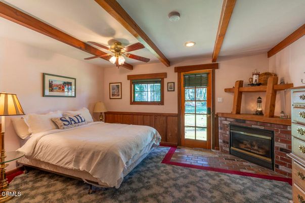 Bedroom, Fireplace, Interior, Recessed Lighting, Wooden Beams