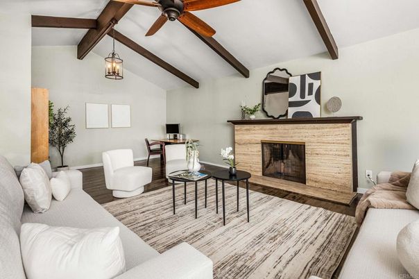 Fireplace, Interior, Living room, Pendant Lights, Wooden Beams, Wood Texture Flooring