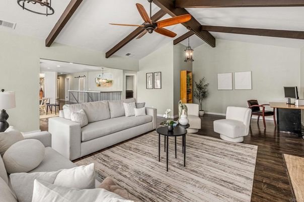 Dining room, Interior, Living room, Pendant Lights, Wooden Beams, Wood Texture Flooring