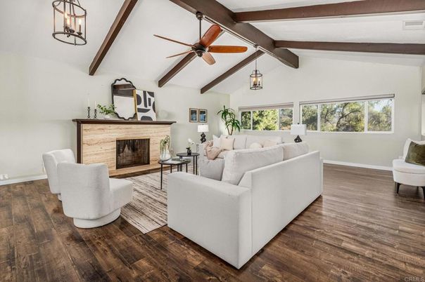 Fireplace, Interior, Living room, Pendant Lights, Wooden Beams, Wood Texture Flooring