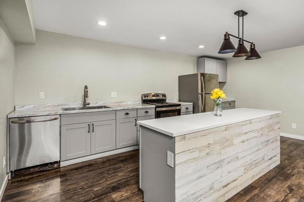 Interior, Kitchen, Pendant Lights, Recessed Lighting, Stainless Steel Appliances, Wood Texture Flooring