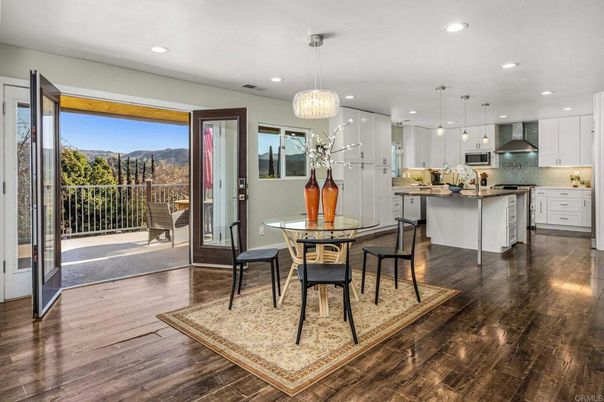 Dining room, Interior, Kitchen, Pendant Lights, Recessed Lighting, Wood Texture Flooring