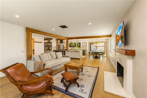 Dining room, Fireplace, Interior, Kitchen, Living room, Pendant Lights, Recessed Lighting, Wood Texture Flooring