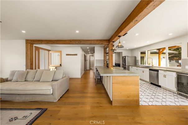 Interior, Kitchen, Living room, Pendant Lights, Recessed Lighting, Stainless Steel Appliances, Wooden Beams, Wood Texture Flooring
