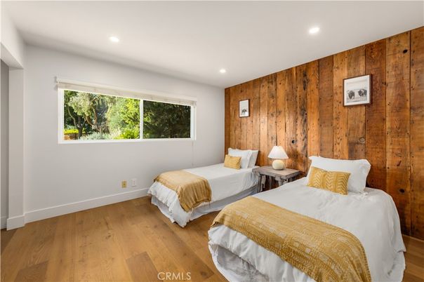 Bedroom, Interior, Recessed Lighting, Wood Texture Flooring, Wooden Walls