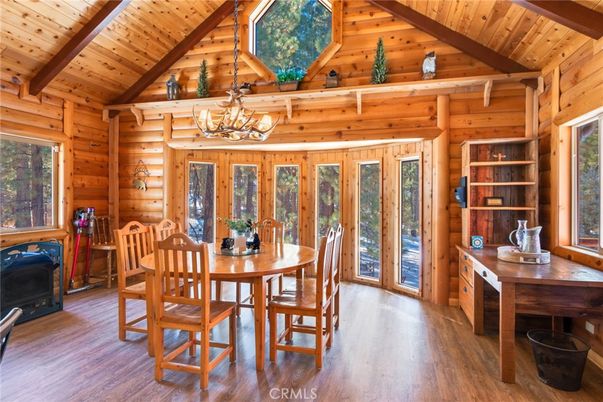 Chandelier, Dining room, Fireplace, Interior, Wooden Beams, Wooden Ceilings, Wood Texture Flooring, Wooden Walls