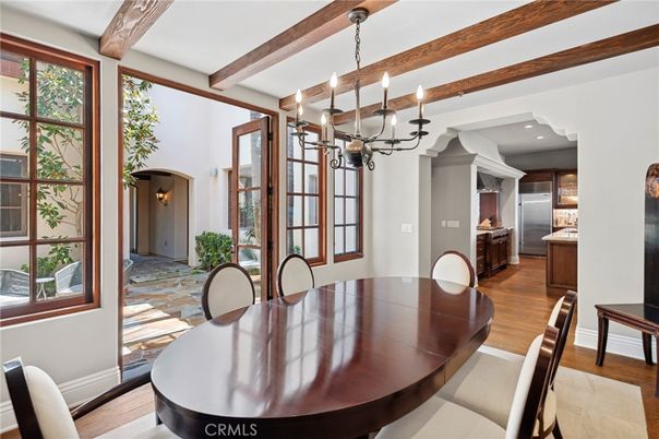 Chandelier, Dining room, Interior, Kitchen, Recessed Lighting, Wooden Beams, Wood Texture Flooring