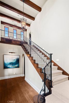 Chandelier, Interior, Pendant Lights, Recessed Lighting, Wooden Beams, Wood Texture Flooring