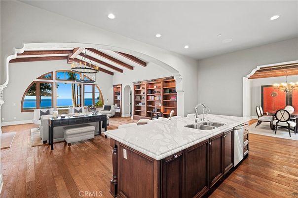 Chandelier, Dining room, Interior, Kitchen, Recessed Lighting, Water, Wooden Beams, Wood Texture Flooring