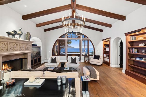 Chandelier, Fireplace, Interior, Living room, Water, Wooden Beams, Wood Texture Flooring
