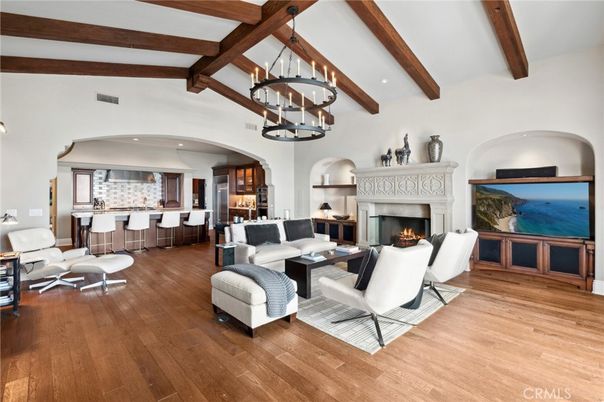 Chandelier, Fireplace, Interior, Kitchen, Living room, Pendant Lights, Recessed Lighting, Wooden Beams, Wood Texture Flooring