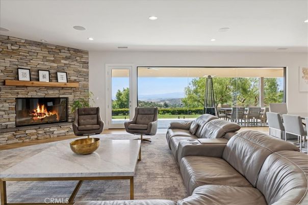 Dining room, Fireplace, Interior, Living room, Recessed Lighting, Stone Walls