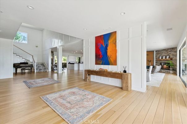 Fireplace, Interior, Piano, Recessed Lighting, Stone Walls, Wood Texture Flooring