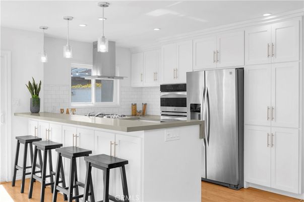 Interior, Kitchen, Pendant Lights, Recessed Lighting, Stainless Steel Appliances, Wood Texture Flooring