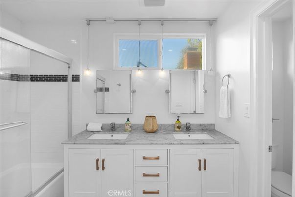 Bathroom, Dual Sink Vanities, Glass Shower, Interior, Pendant Lights