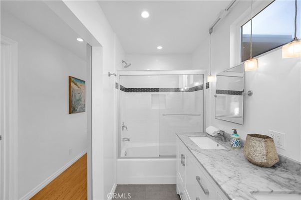 Bathroom, Glass Shower, Interior, Recessed Lighting, Wood Texture Flooring