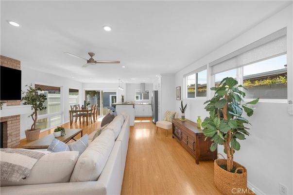 Dining room, Fireplace, Interior, Kitchen, Living room, Pendant Lights, Recessed Lighting, Wood Texture Flooring