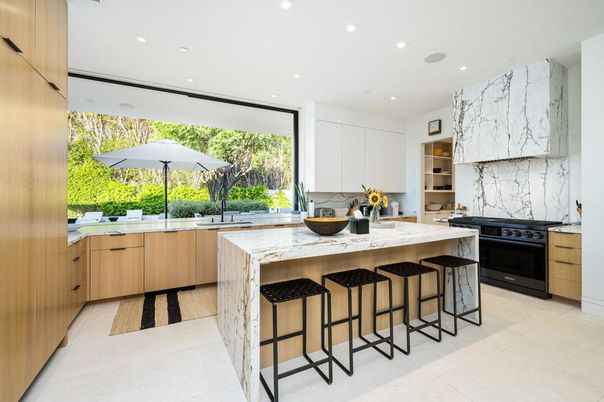 Interior, Kitchen, Marble Walls, Recessed Lighting, Stainless Steel Appliances