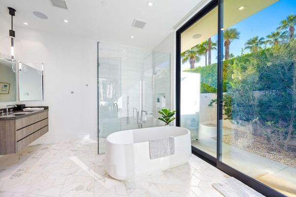 Bathroom, Free Standing Baths, Glass Shower, Interior, Marble, Pendant Lights, Recessed Lighting