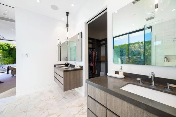 Bathroom, Dual Sink Vanities, Glass Shower, Interior, Marble, Pendant Lights, Recessed Lighting