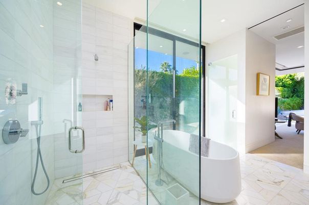 Bathroom, Free Standing Baths, Glass Shower, Interior, Marble, Recessed Lighting