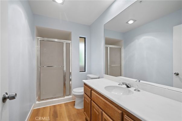 Bathroom, Glass Shower, Interior, Recessed Lighting, Wood Texture Flooring