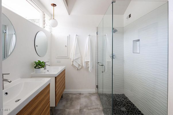 Bathroom, Dual Sink Vanities, Glass Shower, Interior, Pendant Lights