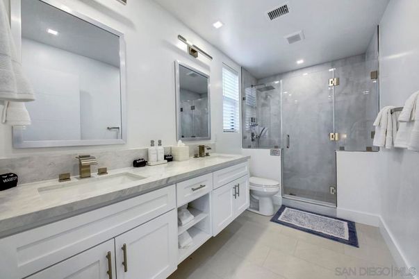 Bathroom, Dual Sink Vanities, Glass Shower, Interior, Recessed Lighting