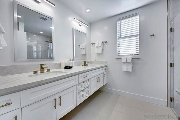 Bathroom, Dual Sink Vanities, Glass Shower, Interior, Recessed Lighting