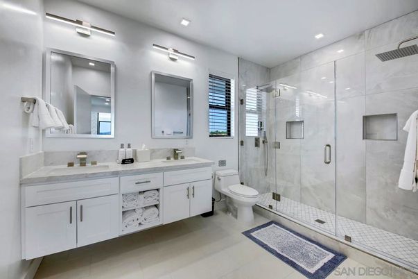 Bathroom, Dual Sink Vanities, Glass Shower, Interior, Recessed Lighting