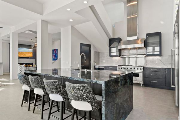 Fireplace, Interior, Kitchen, Pendant Lights, Recessed Lighting, Stainless Steel Appliances